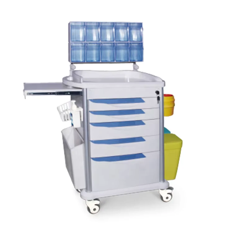 Multi functional Hospital Medical Trolley Blue Color Emergency Trolley with Anesthsia Boxes with Trash Can
