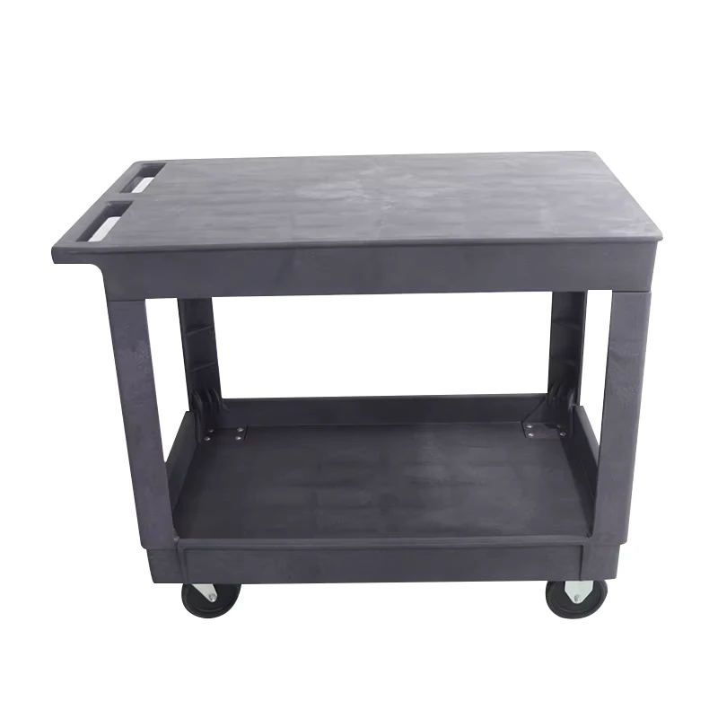 Multi functional Industrial Four Wheel Platform Utility Flat Top Trolley Cart 2 Tier Stable Plastic Service Cart