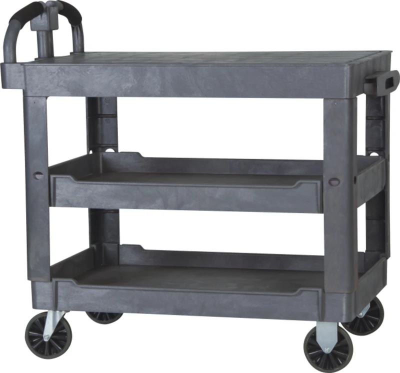 Multi functional Industrial Large Flat Top Plastic Four Wheel Service Carts 3 Shelves Storage Trolley 550 lb Load Capacity