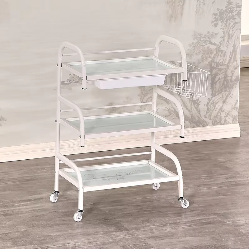 Multi-functional Modern Tattoo Hair Beauty Salon Trolley with Three-layer Glass Surface Storage Rack for Living Room Use