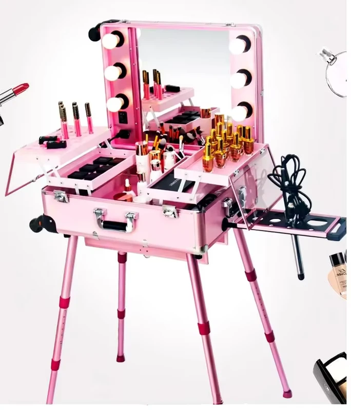 Multi-functional Professional Makeup Studio Suitcase Beauty Salon Led Lights Mirror Cosmetic Cases with Retractable Legs