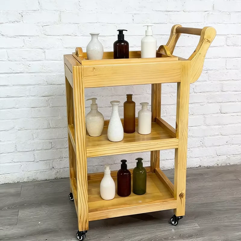 Multi functional Wood Trolley Cart Beauty Salon Barber Shop Furniture Facial Care Shelf Wood Beauty Tool Cart