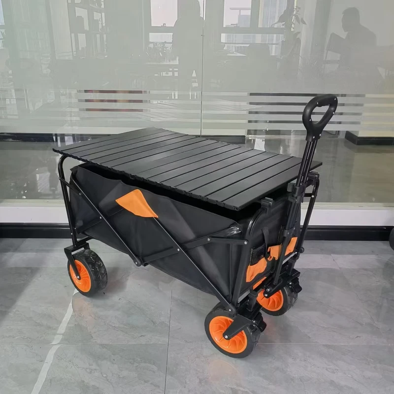Multi functional folding portable picnic camp car with retractable handle and four wheels for outdoor camping cart