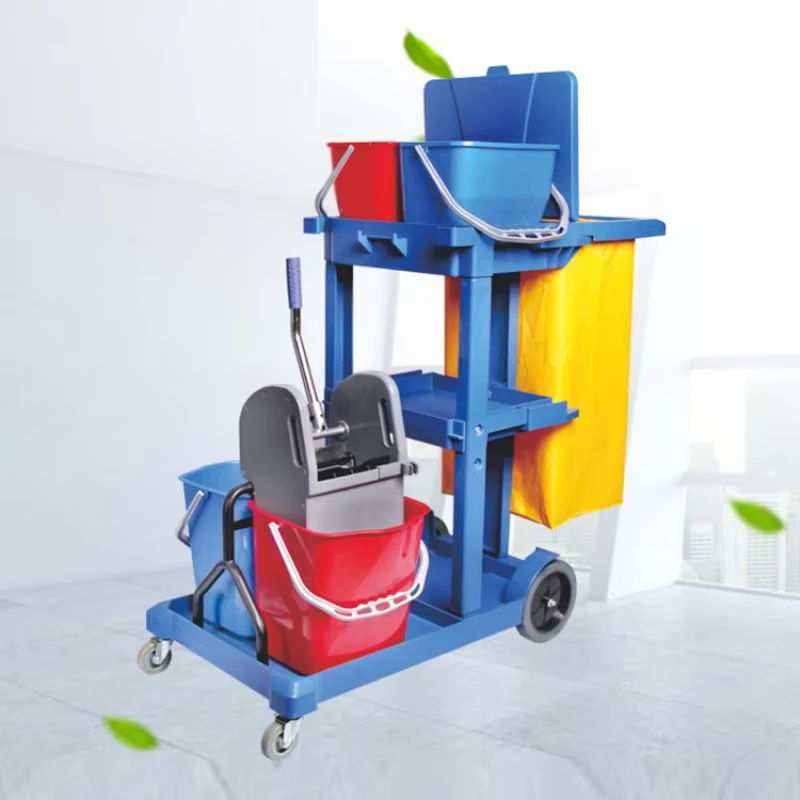 Multi-purpose Plastic Hotel Housekeeping Cleaning Janitor Cart Folding Gray Cleaning Cart with Cover