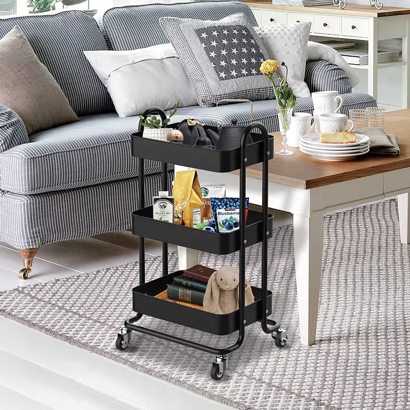 Multi scenario Application 3 Tier Rolling Storage Rack Metal Utility Trolley Cart for Kitchen Bathroom Bedroom