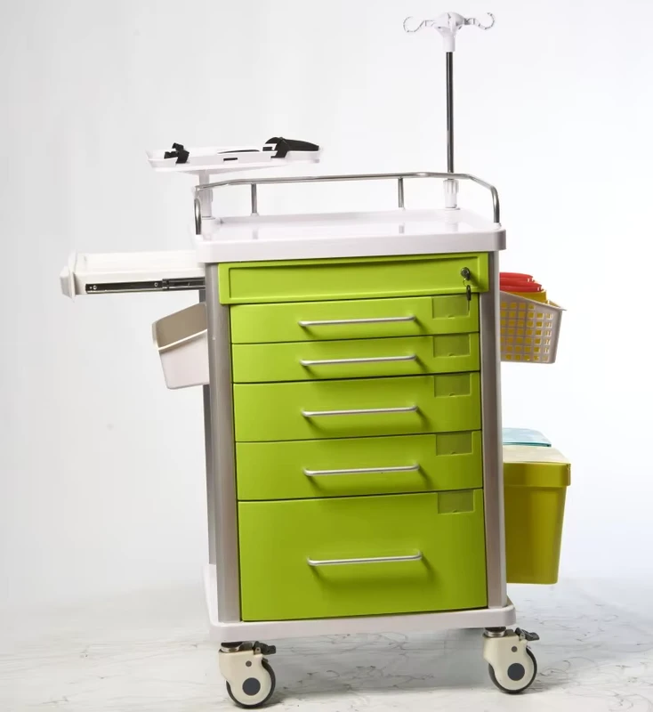 Multifunction ABS Medical Emergency Trolley Hospital Crash Cart Defibrillator Shelf Oxygen Holder Needle