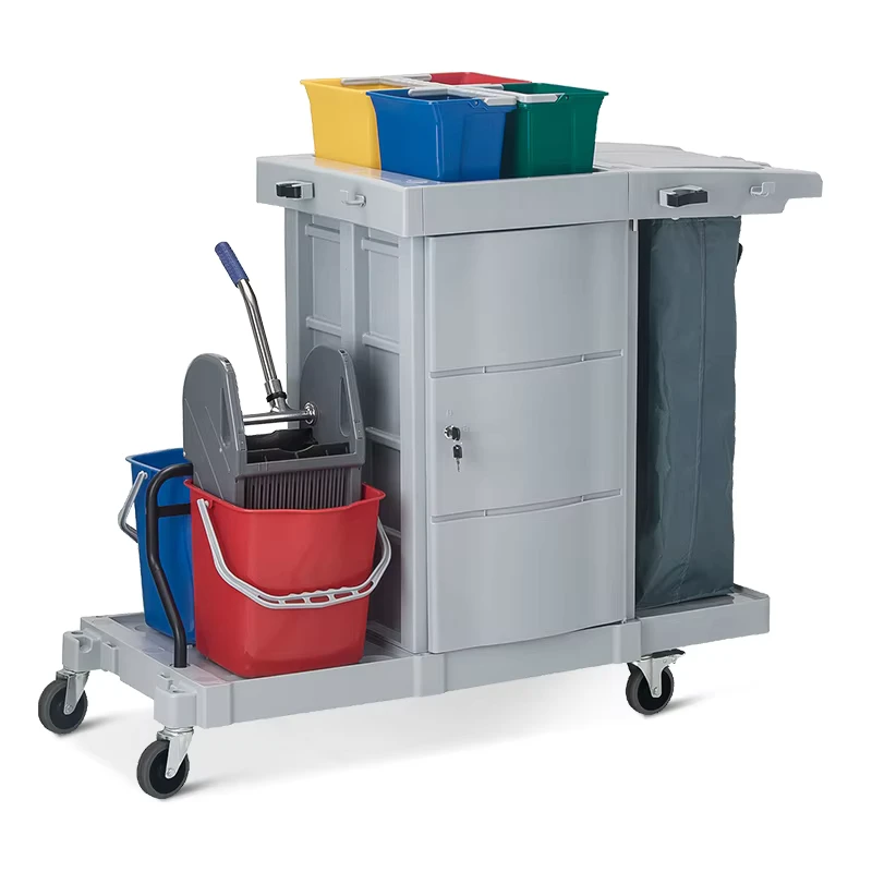 Multifunction Restaurant Hotel Cleaning Trolley Janitor Service Cart with Mop Wringer Bar Laundry Trolley Cart