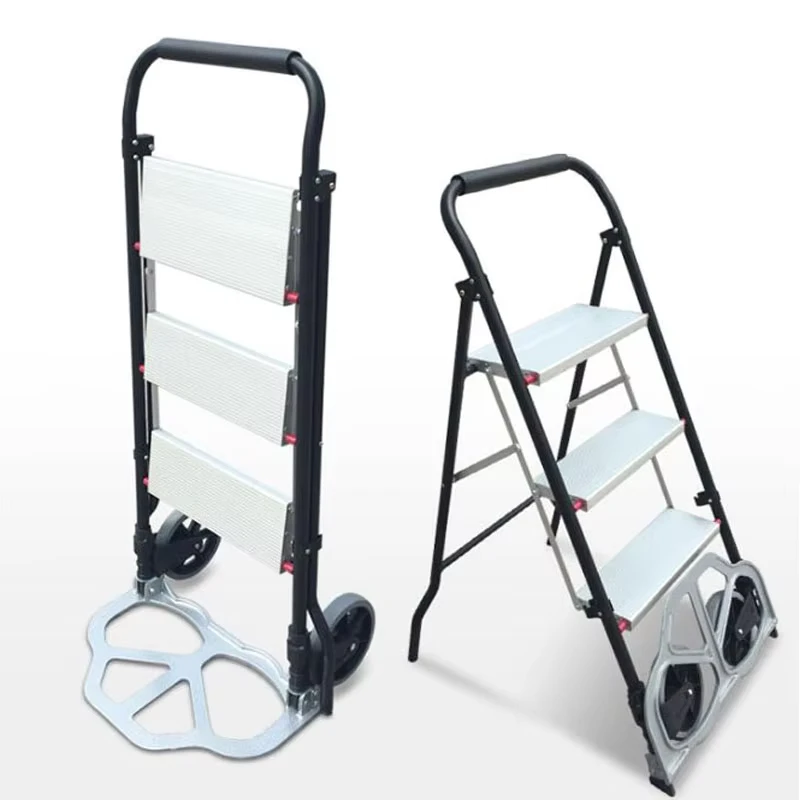 Multifunctional 4 in 1 Aluminum 3 Step Folding Ladder Trolley Hand Cart Portable OEM Silver with Hand Tools Platform