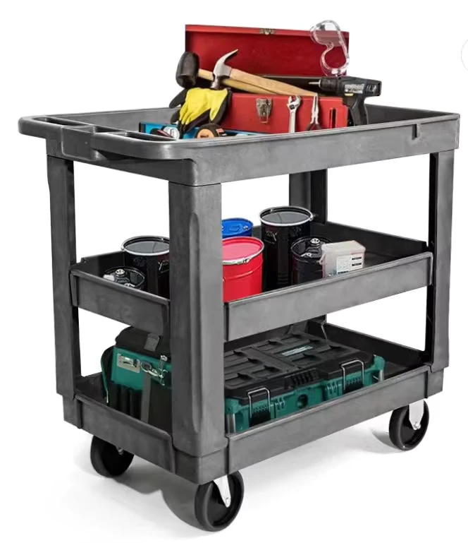 Multifunctional Factory OEM Three-Shelf Heavy Duty Four-Wheel Hand Trolley Plastic Industrial Storage Utility Cart Warehouse