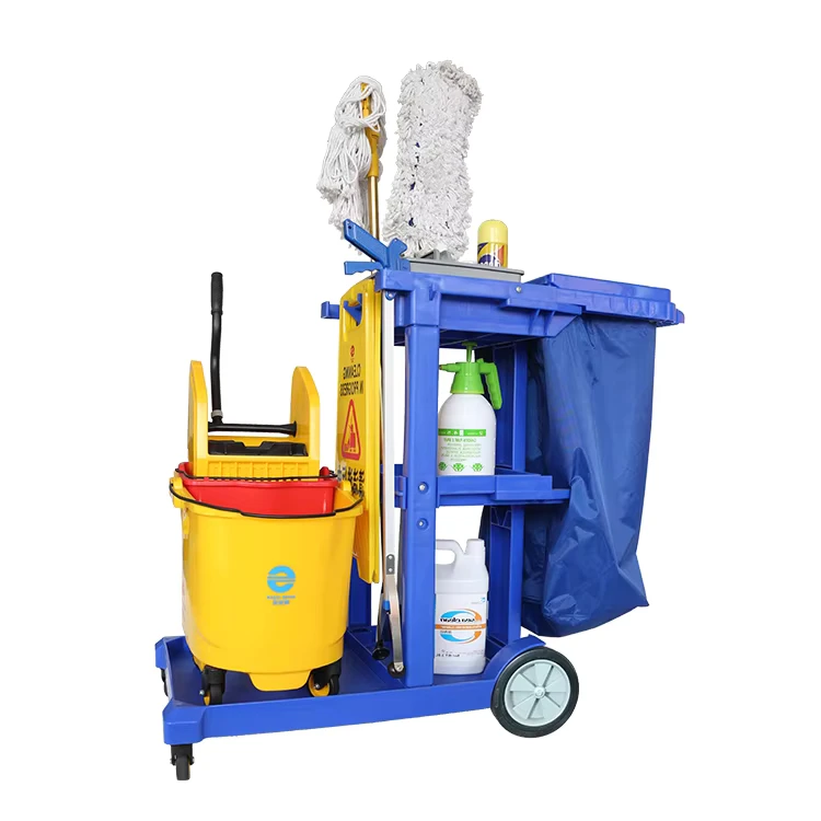 Multifunctional Gray Blue Janitor Cart with Cover 150 lb Capacity 4 Wheel Restaurant Cleaning Trolley