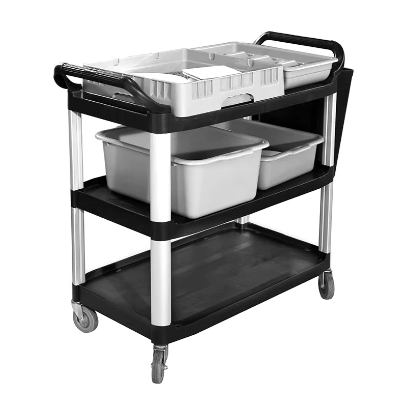 Multifunctional Heavy Duty Restaurant Hotel Black Grey Plastic Food Service Trolley Utility Cart