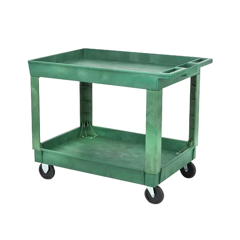 Multifunctional Industrial Heavy Duty Four Wheel Platform Utility Cart Rolling Storage Plastic Service Cart 2 Shelves 500 lb