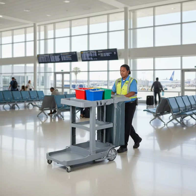 Multifunctional Janitorial Cleaning Trolley Waterproof Bag Commercial Hotel Housekeeping Service Cart 3 Shelf 4 Wheel 500 lb