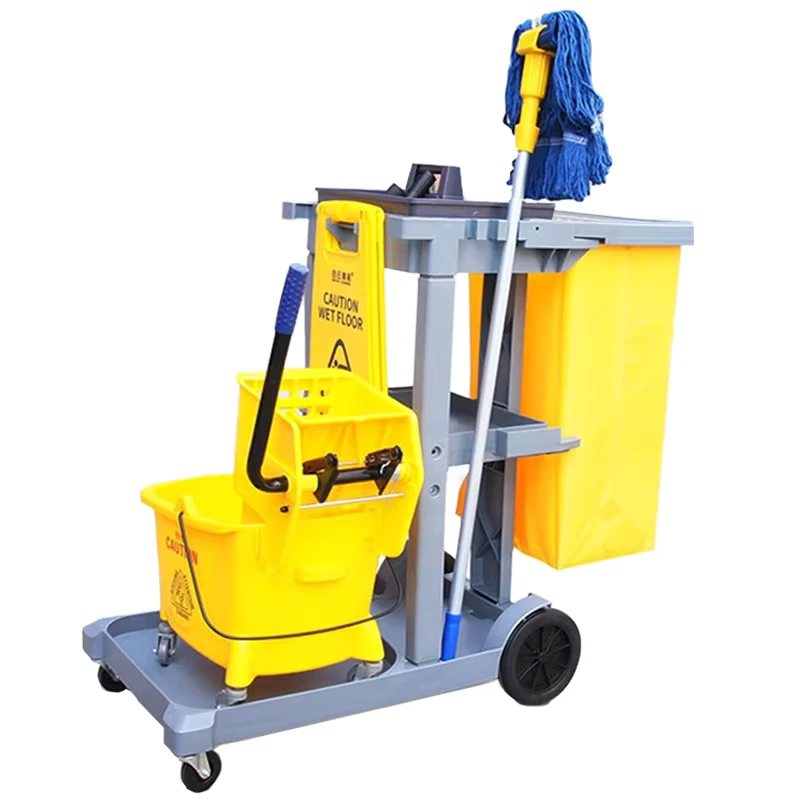 Multifunctional Plastic Four wheel Cleaning Trolley 60kg Capacity 3 Shelves for Hospitals Shopping Malls Cart Cleaning