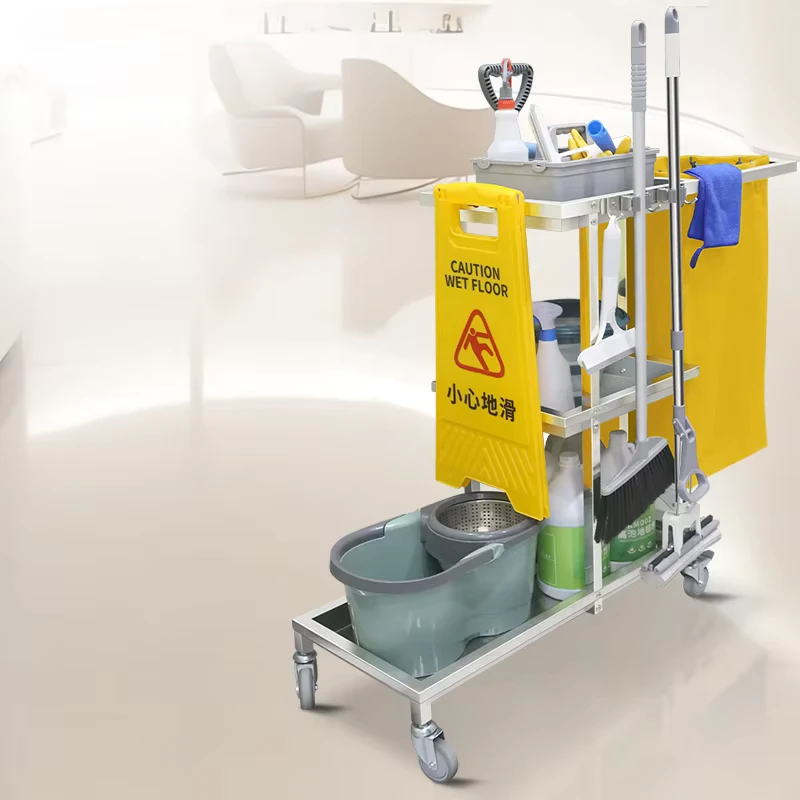 Multifunctional Stainless Steel Janitor Cart for Hotel Hospital Housekeeping Cleaning Service Trolley Cart