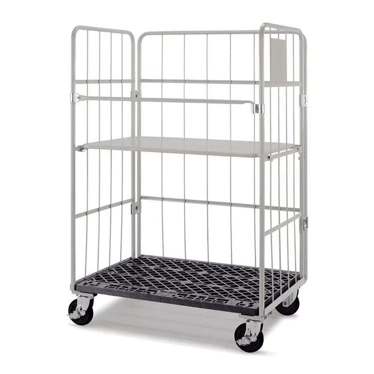 Multifunctional Three Side Collapsible Warehouse Medium Duty Trolley Roll Cage Foldable Metal Cage