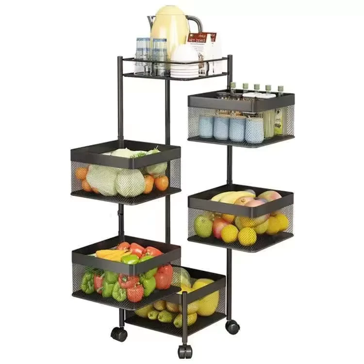 Multilayer Rotating Baskets Rack Kitchen Trolley Cart with Storage Cages for Fruit and Vegetable