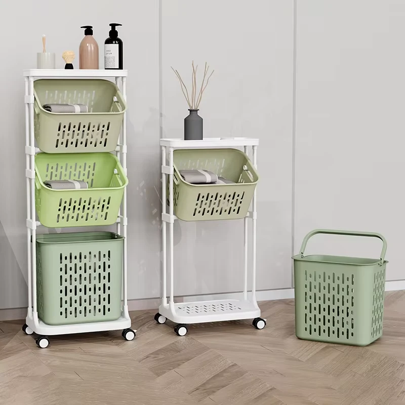 Multipurpose Rolling Storage Dirty Clothes Basket Trolley Layered Detachable Plastic Laundry Storage Basket