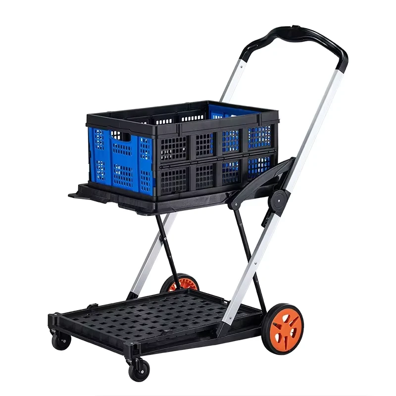Multiuse Two Tier Collapsible Cart 360° Rolling Swivel Wheels Shopping Cart with 2 Storage Crates Heavy Duty Folding Trolley