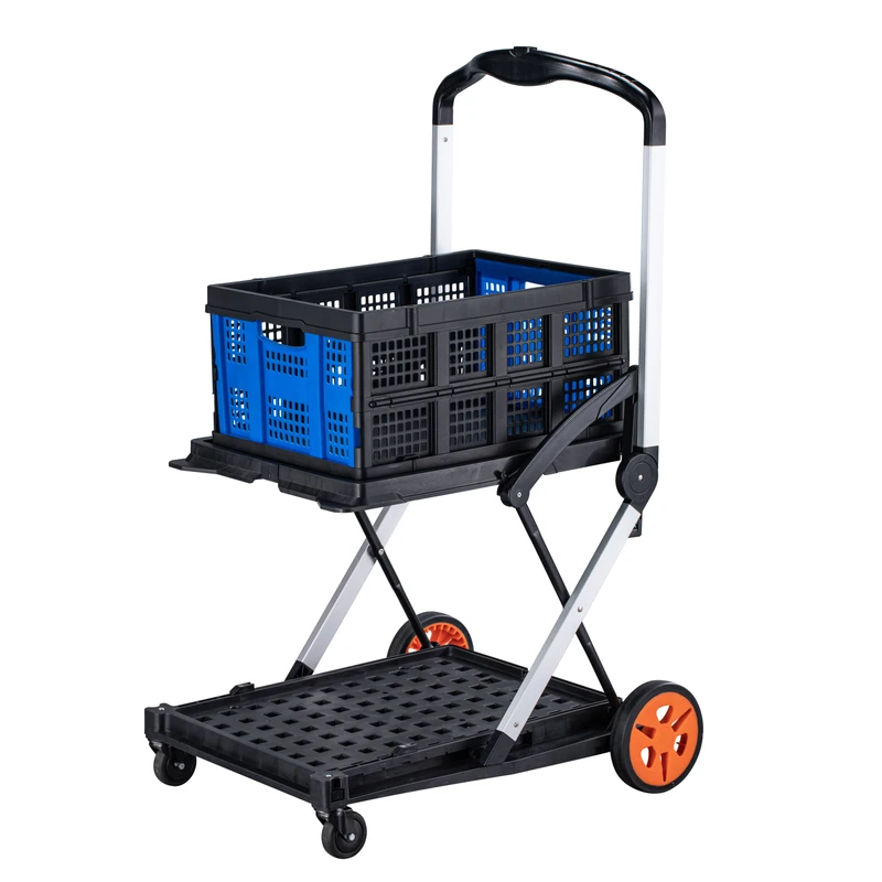 Multiuse Two Tier Collapsible Cart 360° Rolling Swivel Wheels Shopping Cart with 2 Storage Crates Heavy Duty Folding Trolley