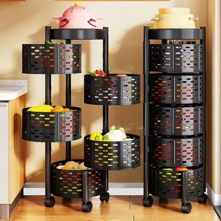 NEW Round Magnetic Basket 5 Tier Home Rolling Mobile Storage Rack Shelf Organizer Trolley Utility Kitchen Cart With Wheels