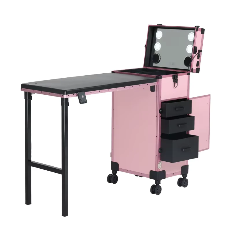Nail Salon Equipment Rolling Trolley Case Salon Furniture Set Girls pink Dressing Table with Mirror Manicure Table