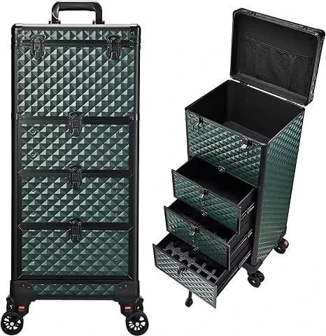 Nail Salon Rolling Makeup Train Case 4 Drawer Beauty Cosmetology Case Lockable Wheels Manicure Face Painting Hairstylist Tattoo