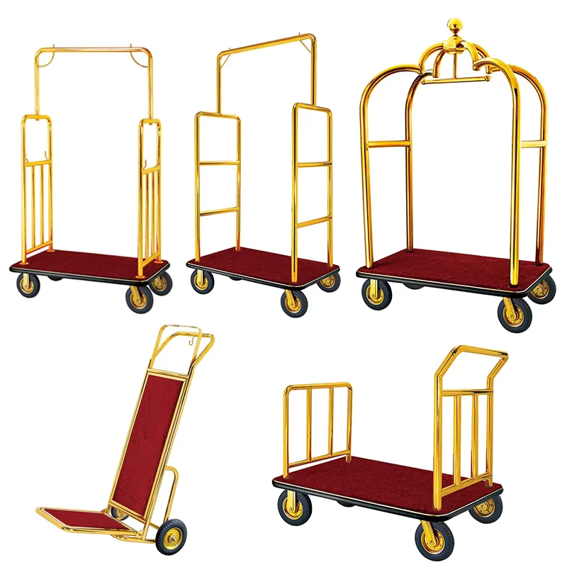 New Design Customized Hotel Luggage Cart Trolley Gold Plated Hotel Birdcage Airport Luggage Cart Bellboy Luggage Trolley