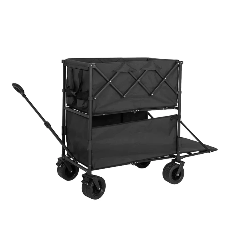 New Design Heavy Duty Double Layer Foldable Beach 7 inch Wheel Camping Platform Wagon Carts