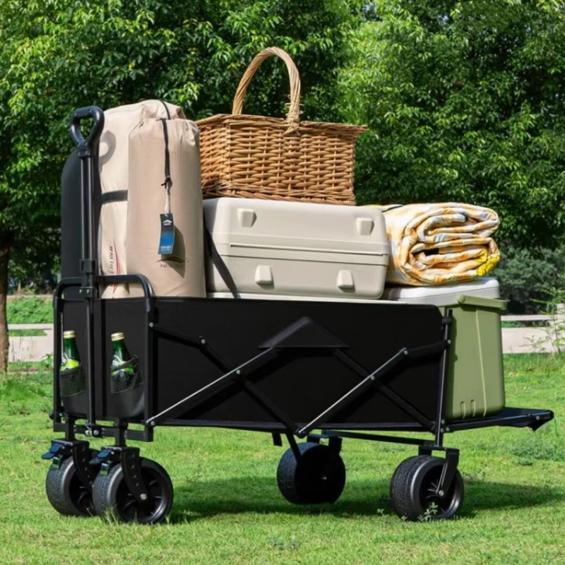 New Design Portable Outdoor Foldable Four-Wheel Enclosed 600D Oxford Cloth Camping Trolley Storage Platform for BBQ Shopping