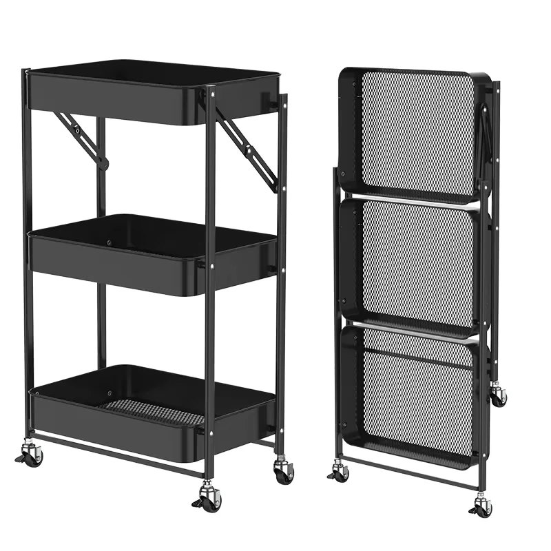 New Designed 3 Layer Metal Utility Storage Rolling Cart 4 Wheel Kitchen Folding Storage Trolley