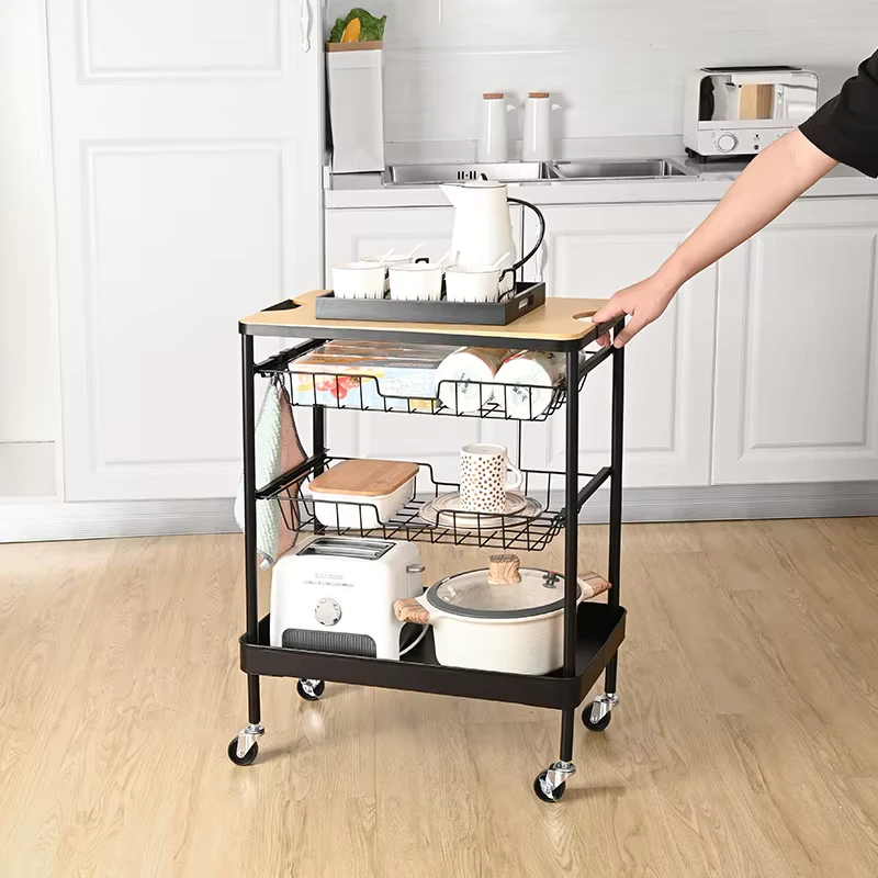 New Fashion Kitchen Island Serving Trolley Utility Wood Tabletop 4 Tier Rolling Storage Cart with Drawers Basket