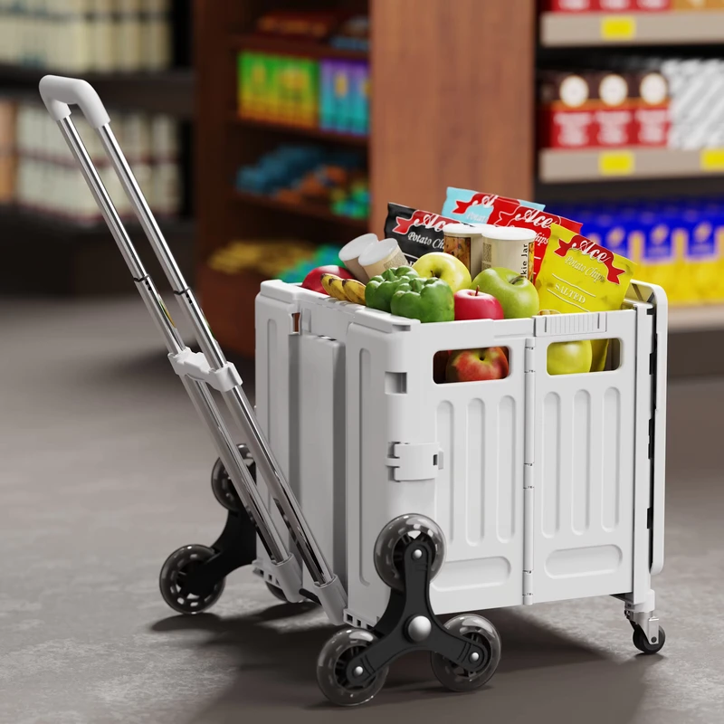 New Four wheel Plastic Foldable Cars Grocery Supermarket Shopping Storage Organizer Folding Camping Trolley with Cover