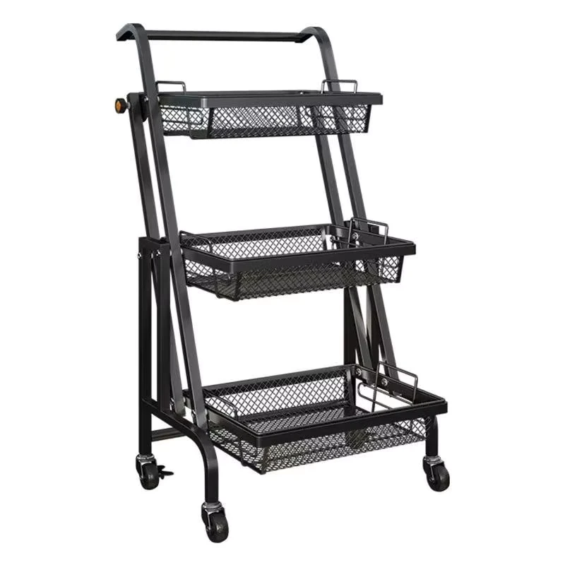 New Household Carbon Steel 3 tier Kitchen Storage Rack Cart Foldable Kitchen Trolley with Wheels