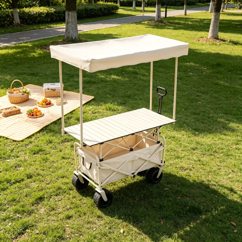 Night Market Folding Wagon with Large Table and Awning Height Adjustable Foldable Utility Cart for Snack Stalls