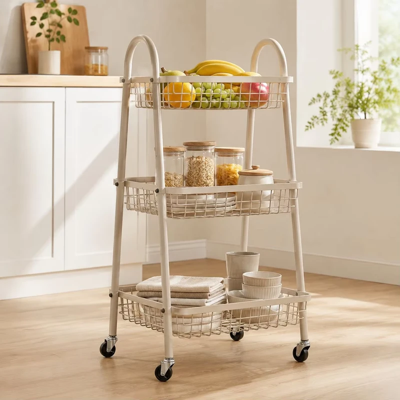 Nordic Style Metal Rolling Utility Cart with Wire Baskets and Wheels for Kitchen Bathroom Storage Trolley