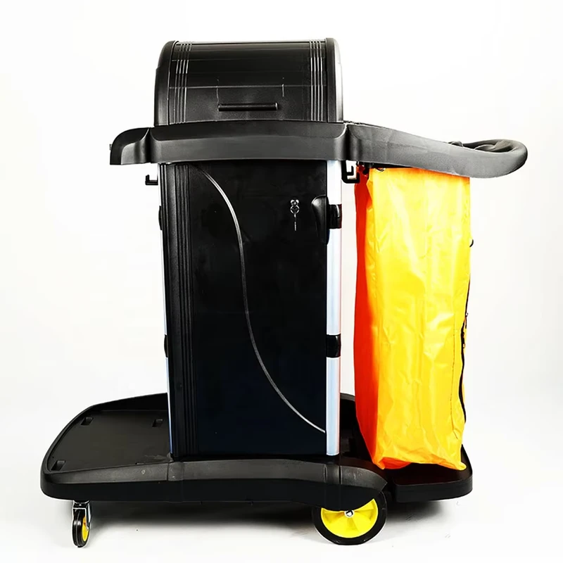 O Cleaning Commercial High Security Plastic Housekeeping Janitor Cleaning Cart on Wheels Multi Functional Hand Push Utility Cart