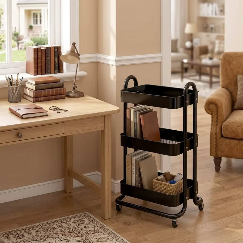 OEM 3 Tier Metal Rolling Utility Cart with Wheels Multifunctional for Kitchen Bathroom Office Storage Organizer Trolley