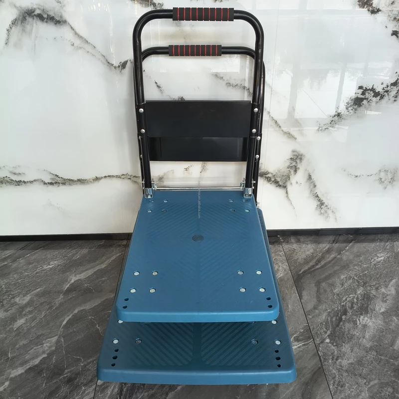 OEM Customizable Tools Logistics Four Wheel Supermarket Warehouse Foldable Plastic Cargo Trolley Moving Hand Cart for Transport