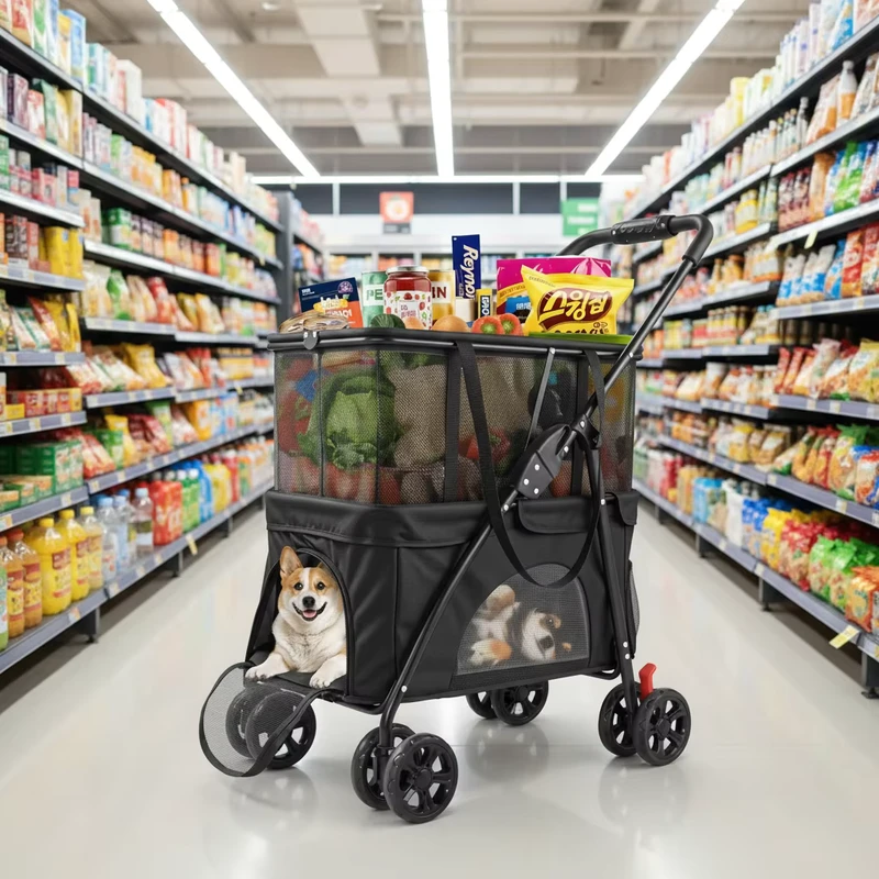 OEM Heavy Duty Folding Shopping Cart Pet Stroller 130L Large Capacity 8 Wheel Swivel Wheels for Small Dogs Travel Portable