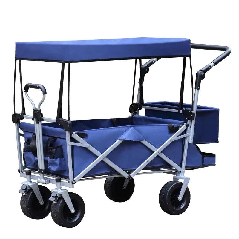 OEM Lightweight Big Outdoor Picnic Cart Collapsible Folding Four Wheel Utility Wagon Sunshade Shopping Tools 160kg