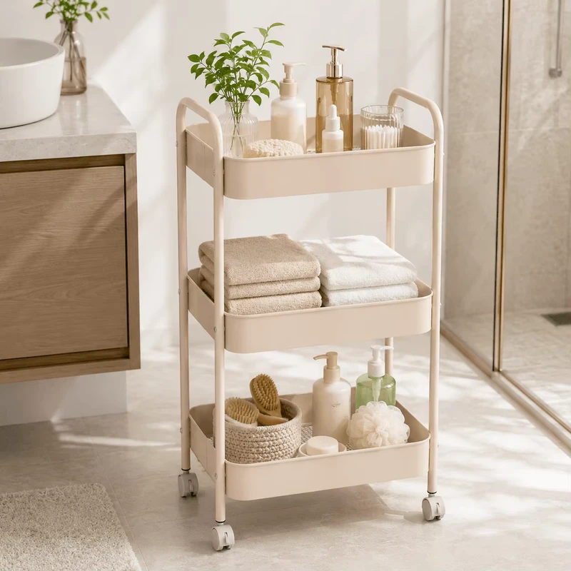 OEM ODM 3 Tier Metal Rolling Utility Cart with Wheels Multi Color Storage Trolley for Kitchen Bathroom Office Salon