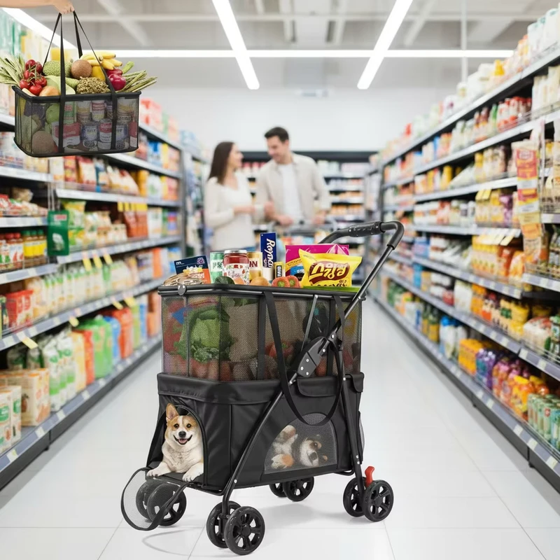 OEM Steel Alloy Steel Heavy Duty Folding Shopping Cart Pet Stroller 99Lbs 2-in-8 Wheel Swivel Wheels Dog Stroller for Small Dogs