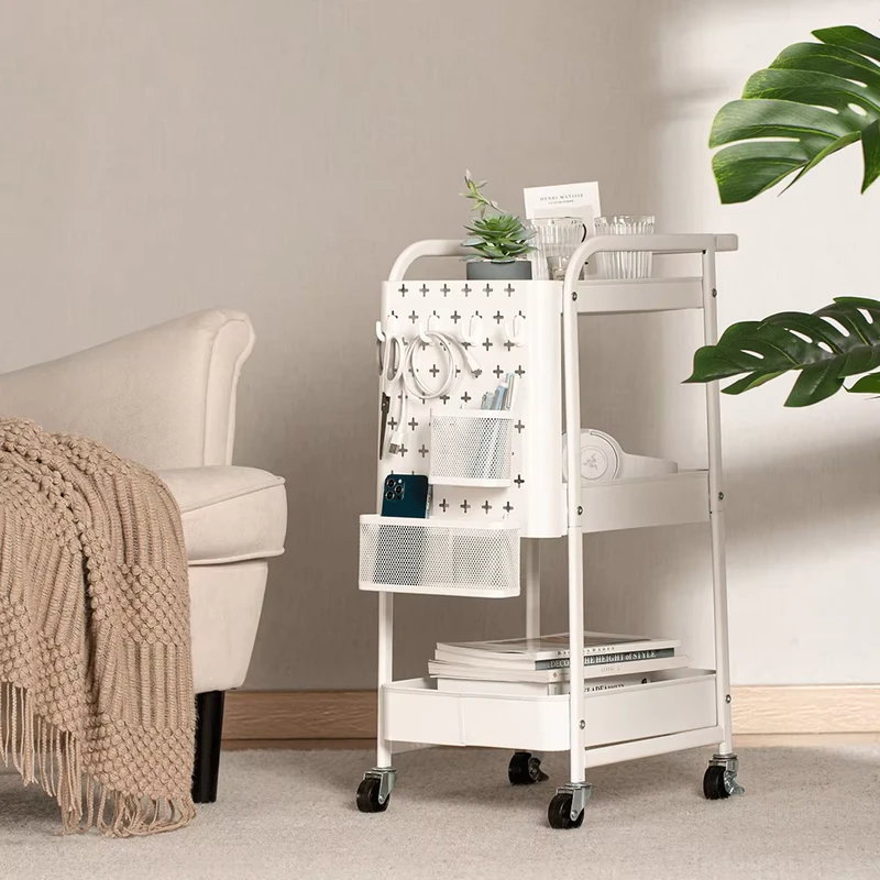 OTY01 2 Premium Multifunction Rolling Utility Cart 3 Tier Metal Storage Trolley with Pegboard Organizer Hooks Baskets for Home