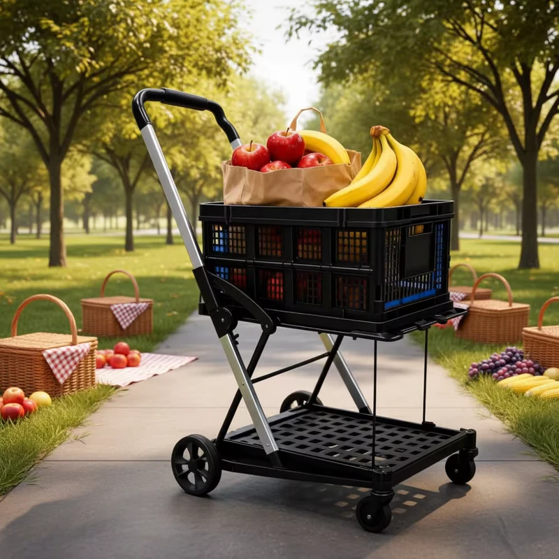 Outdoor Beach Camping Folding Metal Four Wheel Trolley Cart with Platform Structure for Shopping Storage & Tools OEM