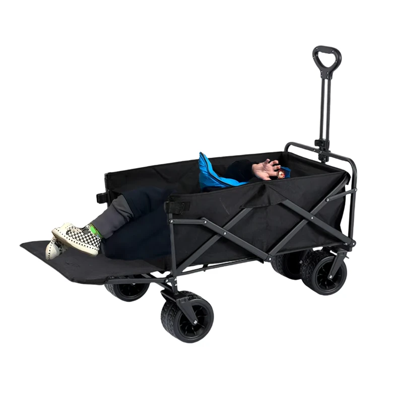 Outdoor Black Folding Cart Rear Opening Camping Stall Stroller Shopping Travel Party Metal Large Capacity Handcart