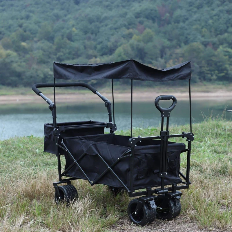 Outdoor Camping Four-Wheel Foldable Trolley with Sunshade and Umbrella Hand Push Picnic Trailer OEM Customizable for Gathering