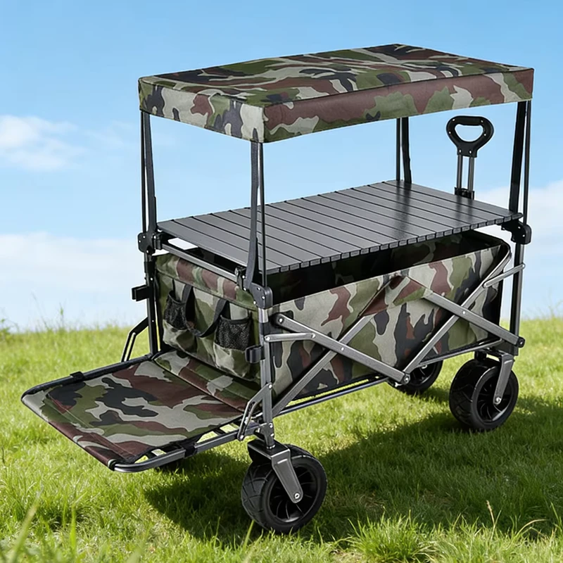 Outdoor Camping Industrial Storage Tools Four Wheel Metal Platform Foldable Picnic Garden Trailer Rear Opening Tow Trolley Table