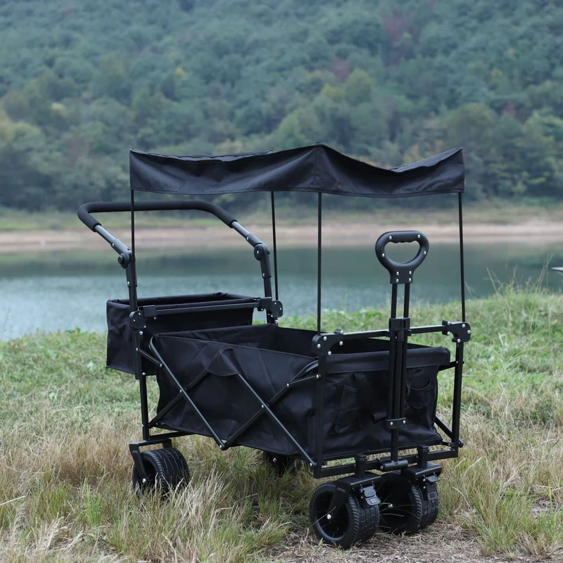Outdoor Camping Picnic Foldable Trolley with Sunshade Hand Push Trailer
