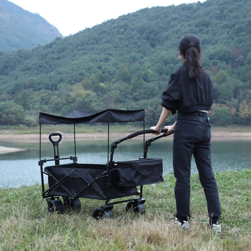 Outdoor Camping & Picnic Stainless Steel Foldable Four Wheel Trolley with Sunshade Hand Push Trailer OEM Customizable Size
